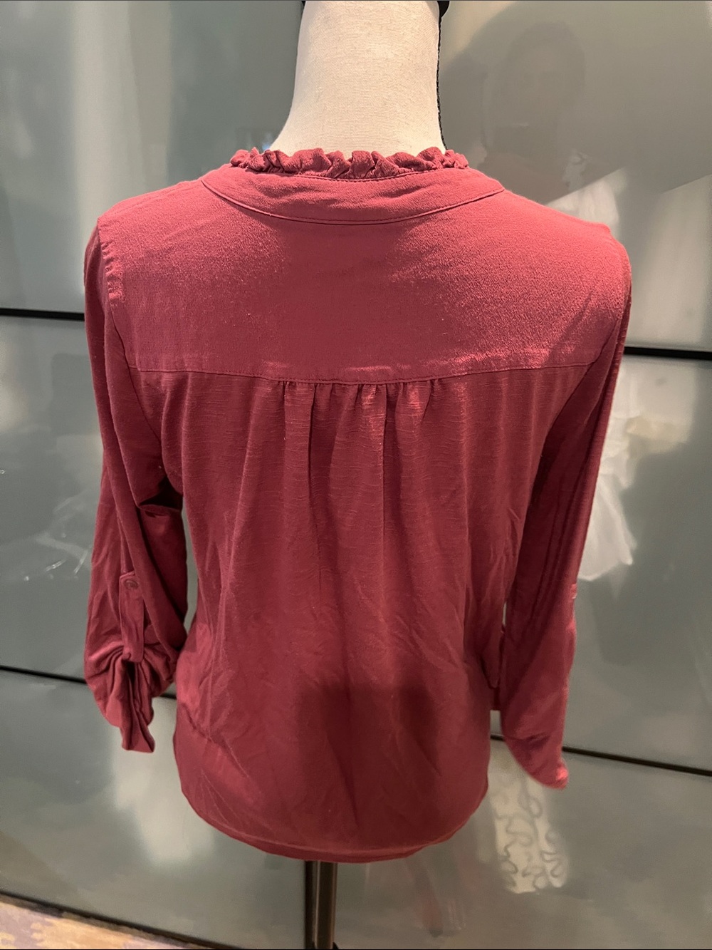 Anthropologie Rose-Pink V-Neck Ruffle Trim Blouse - Picture 4 of 5